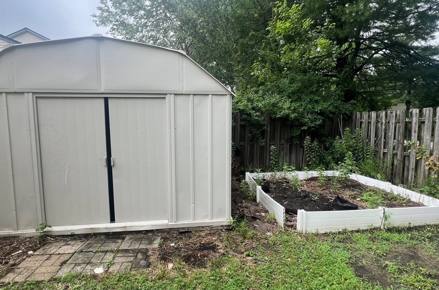 Weedy shed and raised bed area before clean up